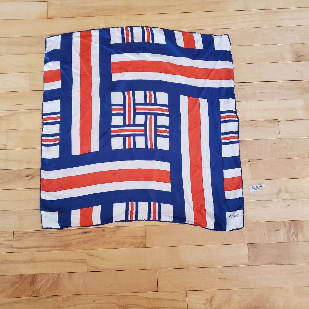 Vintage 100% Silk Echo Scarf Red White and Blue Geometric Pattern 23 x 23"